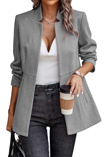 ELLEVEN Blazers for Women Business Casual Open Front Suit Jacket Herringbone Long Sleeve Stand Collar Work Blazer for Office with Full Lining and Padded Shoulders Light Grey Medium - Image 1