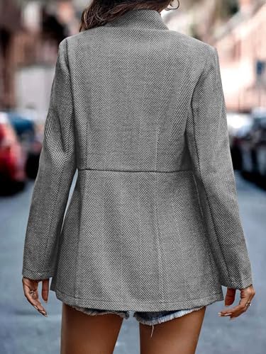 ELLEVEN Blazers for Women Business Casual Open Front Suit Jacket Herringbone Long Sleeve Stand Collar Work Blazer for Office with Full Lining and Padded Shoulders Light Grey Medium - Image 2