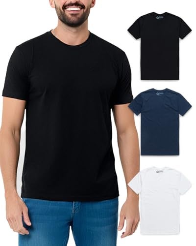INTO THE AM Men's Plain Tees 3 Pack Multipack - Fitted Crewneck Gym Casual Workout Tshirts Shirts for Men (Black/Navy/White, X-Large) - Image 1