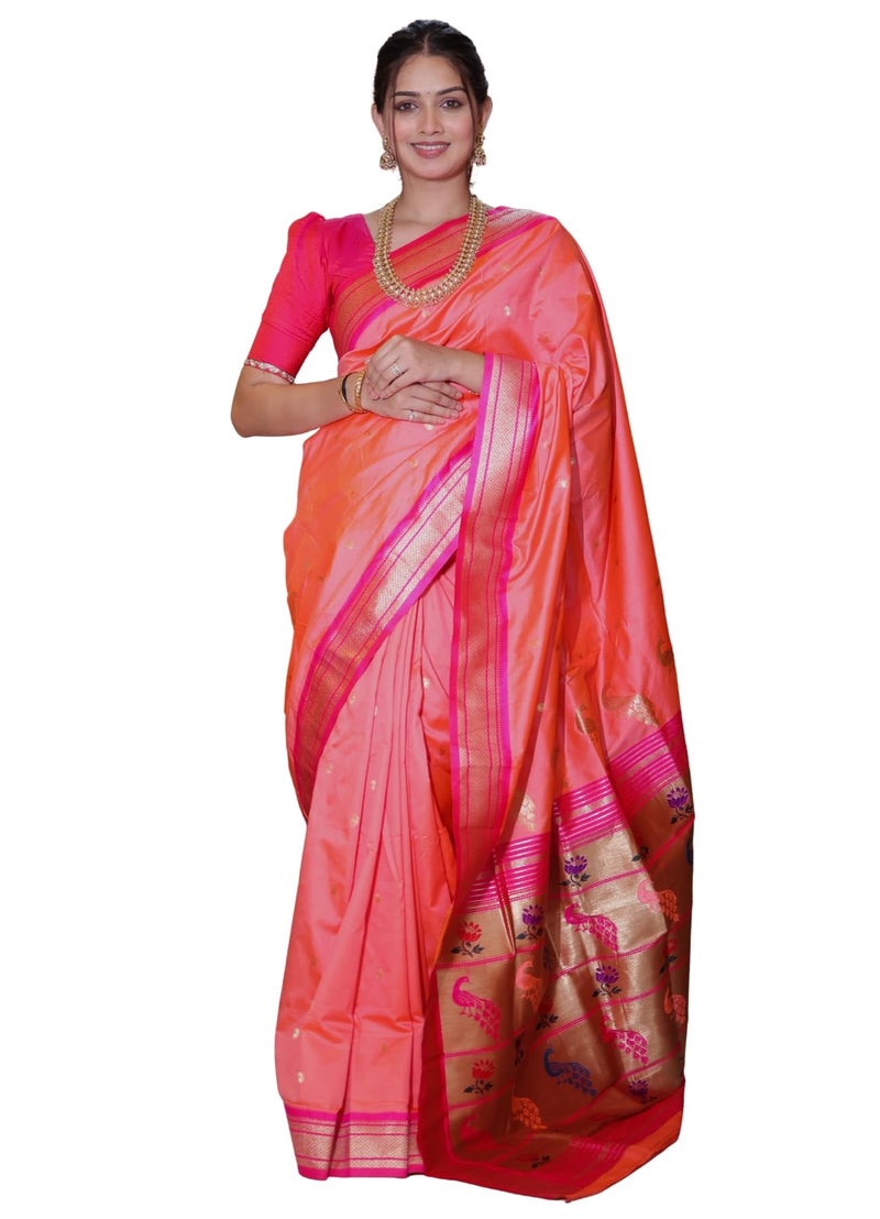 AMIRAT Women's Paithani Silk Saree | Sari for Women | Kanjivaram Silk Sarees With Unstitched Blouse (Peach) - Image 1