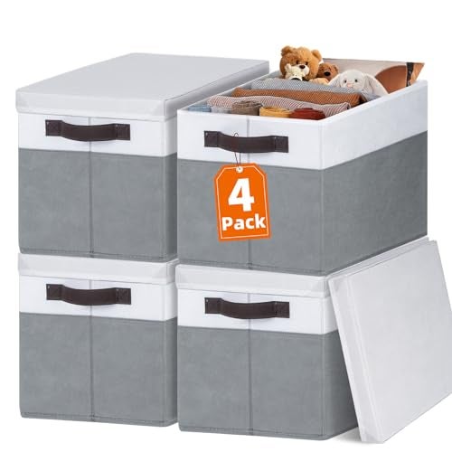 Criusia Large Closet Storage Baskets Bins with Lids 4 Pack, Storage Baskets for Organizing Shelves Nursery Bedroom, Home Dorm Closet Organizers Cubes for Clothes Toys Blanket - Stackable & Sturdy -14x10x9.5 - Image 1