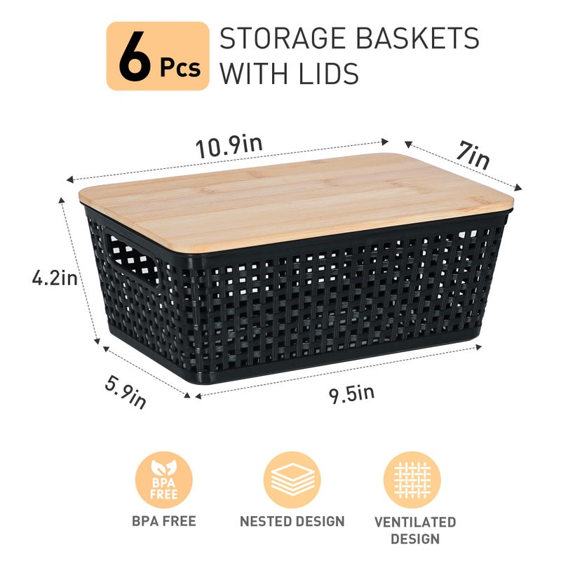 Anywish Storage Bins with Lids 6 Packs, Plastic Storage Bins with Bamboo Lids for Pantry Organization and Storage Containers for Shelves Drawers Desktop Closet Office Home, Black - Image 2