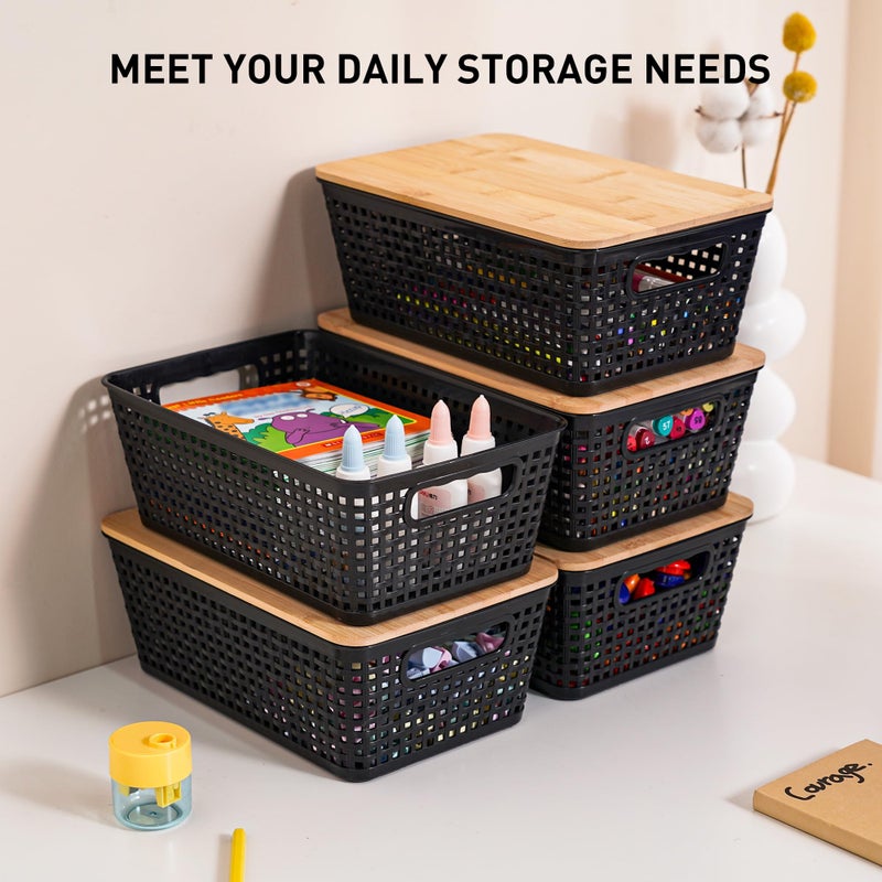 Anywish Storage Bins with Lids 6 Packs, Plastic Storage Bins with Bamboo Lids for Pantry Organization and Storage Containers for Shelves Drawers Desktop Closet Office Home, Black - Image 3