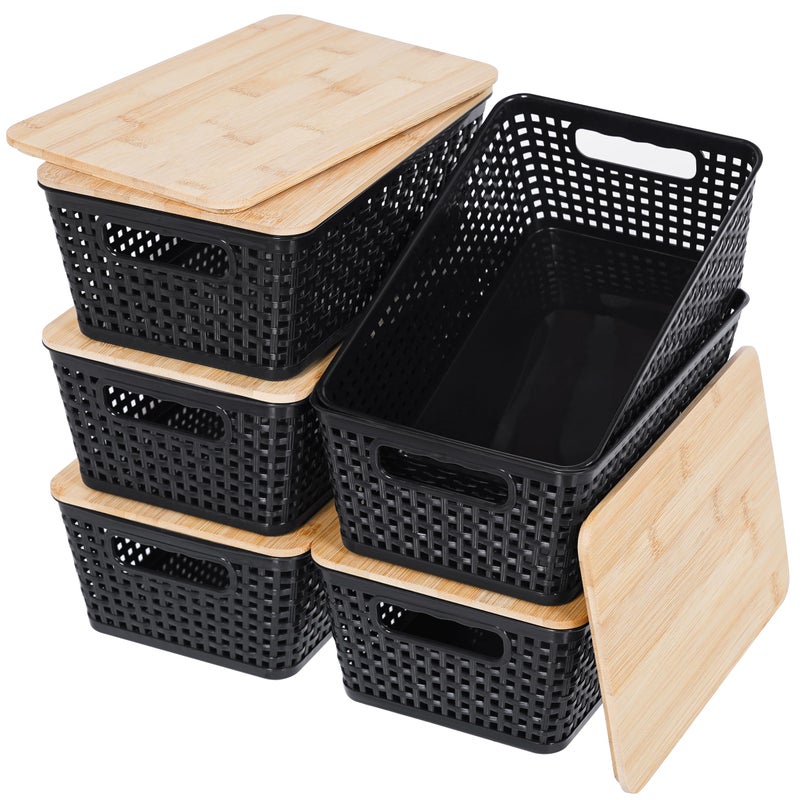 Anywish Storage Bins with Lids 6 Packs, Plastic Storage Bins with Bamboo Lids for Pantry Organization and Storage Containers for Shelves Drawers Desktop Closet Office Home, Black - Image 1