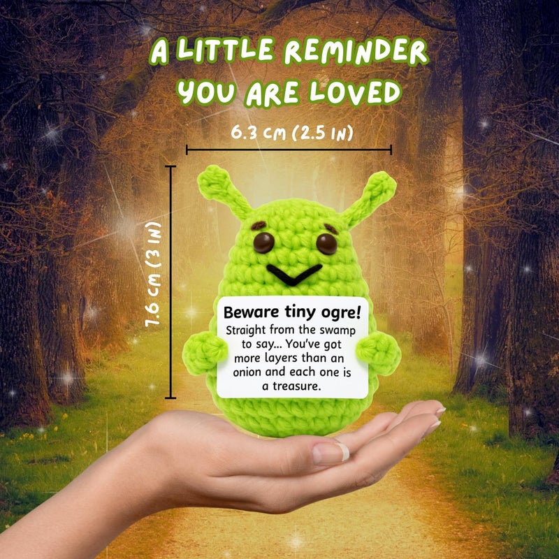 M.O.Q. Handcrafted Inspirational Green Ogre Crochet Doll Stocking Stuffer Dirty Santa White Elephant Birthday Gifts for Women Men Him Her - Positive Emotional Support Small Funny Cute Crochet Potato - Image 2