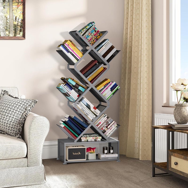 Gintan 9-Tier Modern Book Shelves with Storage, Bedroom Shelves Folding Bookshelves, No Installation Required Shelf Tree Bookcase for Living Room, Study, Home Office, Bed Room (Grey) - Image 5