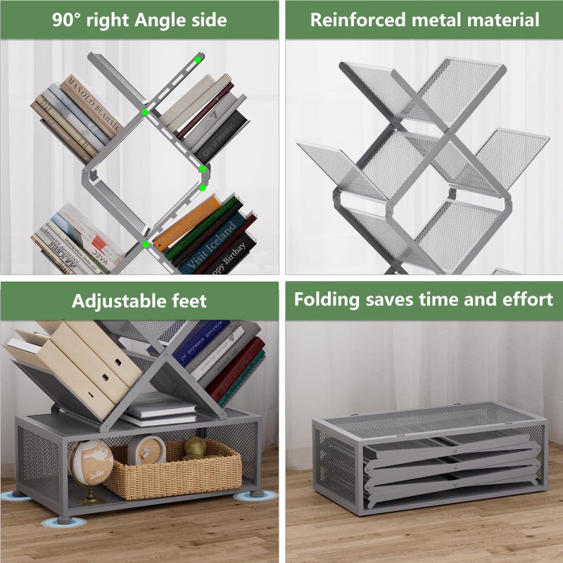 Gintan 9-Tier Modern Book Shelves with Storage, Bedroom Shelves Folding Bookshelves, No Installation Required Shelf Tree Bookcase for Living Room, Study, Home Office, Bed Room (Grey) - Image 4