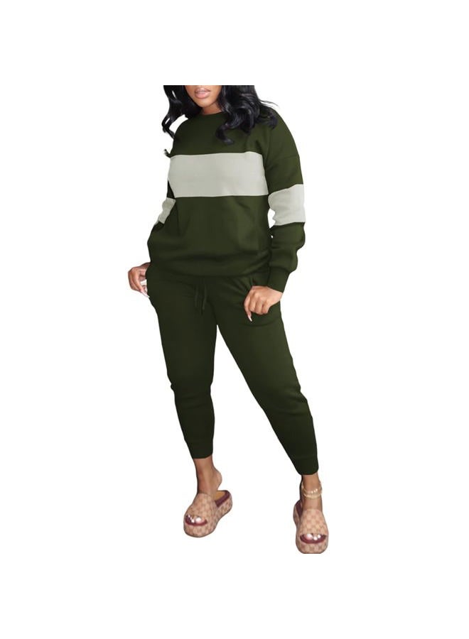 HBQ Two Piece Outfits For Women Casual Long Sleeve Sweatsuits Jogger Tracksuits Lounge Sets With Pockets, Army Green Splicing, S - Image 3