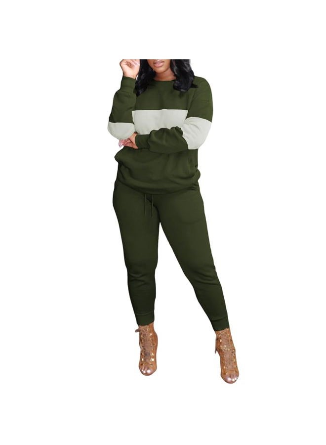 HBQ Two Piece Outfits For Women Casual Long Sleeve Sweatsuits Jogger Tracksuits Lounge Sets With Pockets, Army Green Splicing, S - Image 1