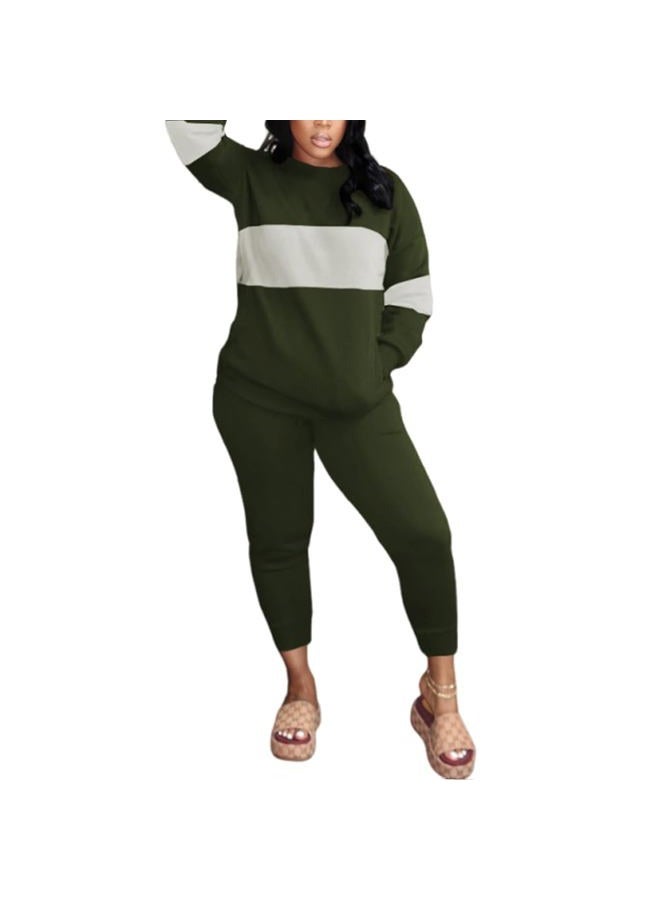 HBQ Two Piece Outfits For Women Casual Long Sleeve Sweatsuits Jogger Tracksuits Lounge Sets With Pockets, Army Green Splicing, S - Image 4