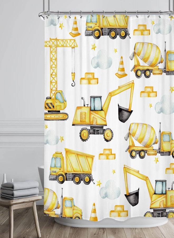 Riyidecor Boys Construction Shower Curtain 60Wx72H Inch Watercolor Yellow Cartoon Tractor Truck Excavator White Cloud Kids Child Nursery Funny Bathroom Decor Fabric Polyester Waterproof 12 Pack Hooks - Image 2