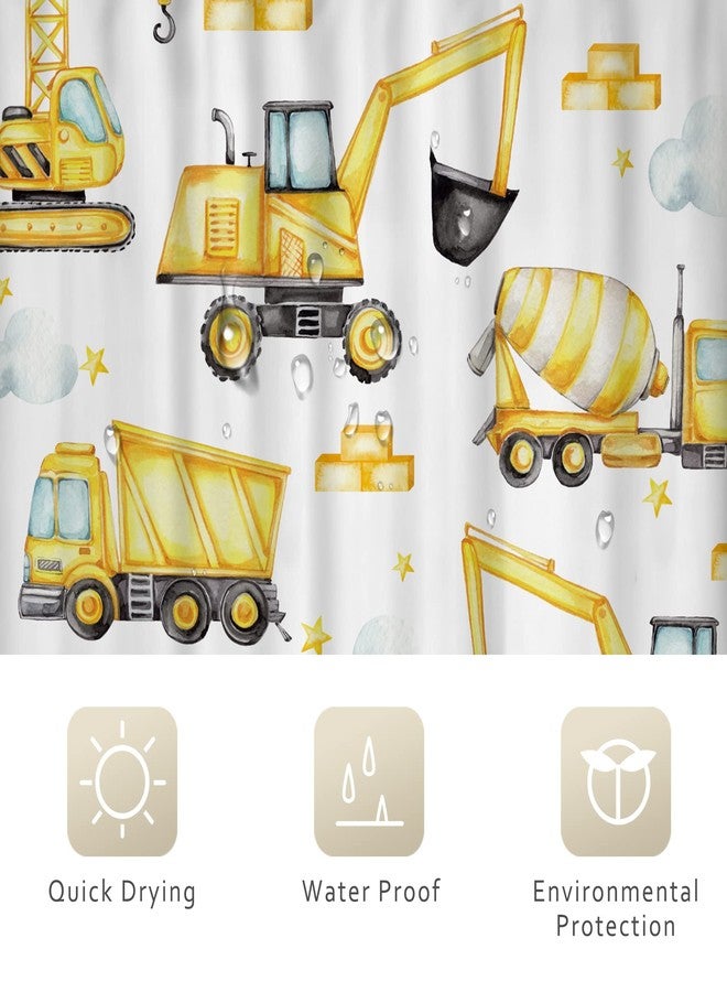 Riyidecor Boys Construction Shower Curtain 60Wx72H Inch Watercolor Yellow Cartoon Tractor Truck Excavator White Cloud Kids Child Nursery Funny Bathroom Decor Fabric Polyester Waterproof 12 Pack Hooks - Image 5