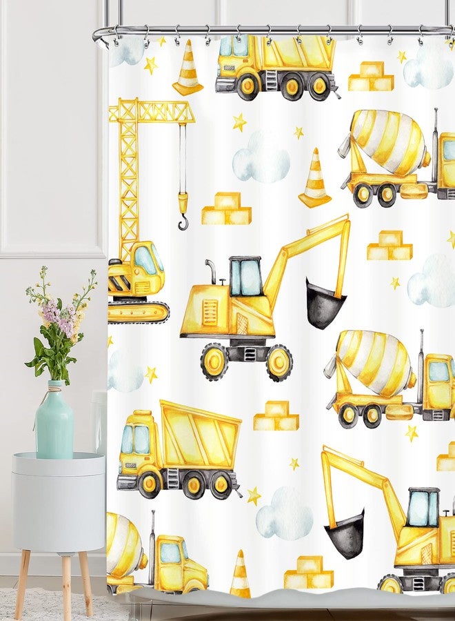 Riyidecor Boys Construction Shower Curtain 60Wx72H Inch Watercolor Yellow Cartoon Tractor Truck Excavator White Cloud Kids Child Nursery Funny Bathroom Decor Fabric Polyester Waterproof 12 Pack Hooks - Image 1