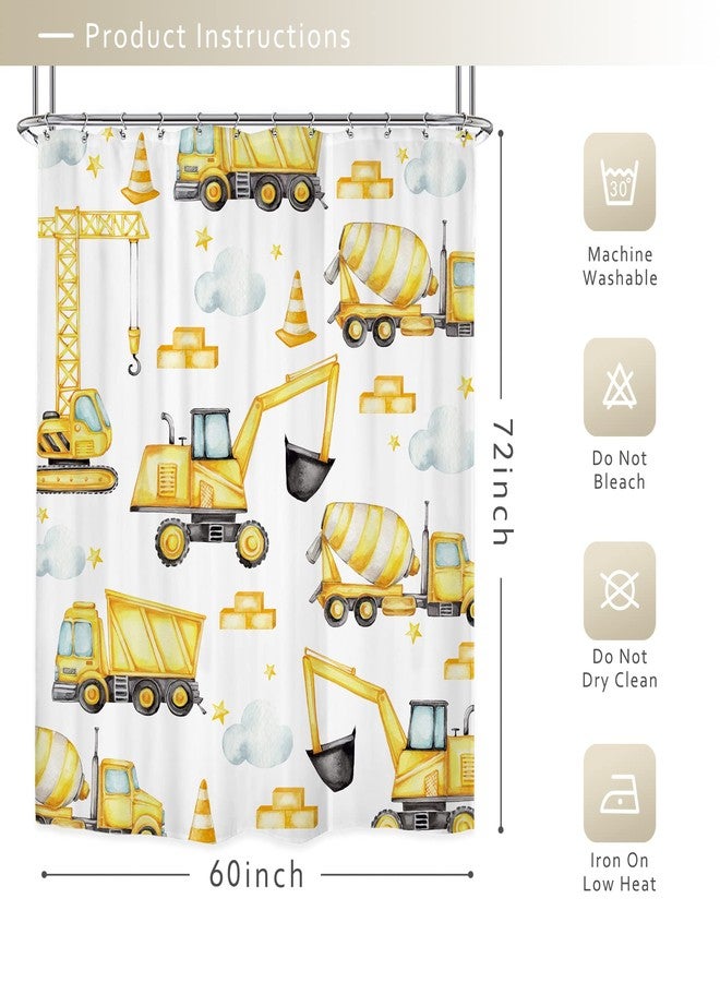 Riyidecor Boys Construction Shower Curtain 60Wx72H Inch Watercolor Yellow Cartoon Tractor Truck Excavator White Cloud Kids Child Nursery Funny Bathroom Decor Fabric Polyester Waterproof 12 Pack Hooks - Image 3