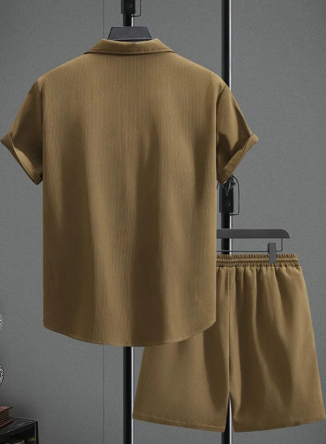 Take Two Men Brown Corduroy Shirt and Shorts Set