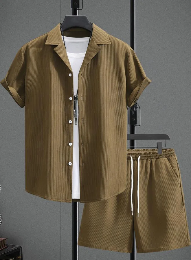 Take Two Men Brown Corduroy Shirt and Shorts Set