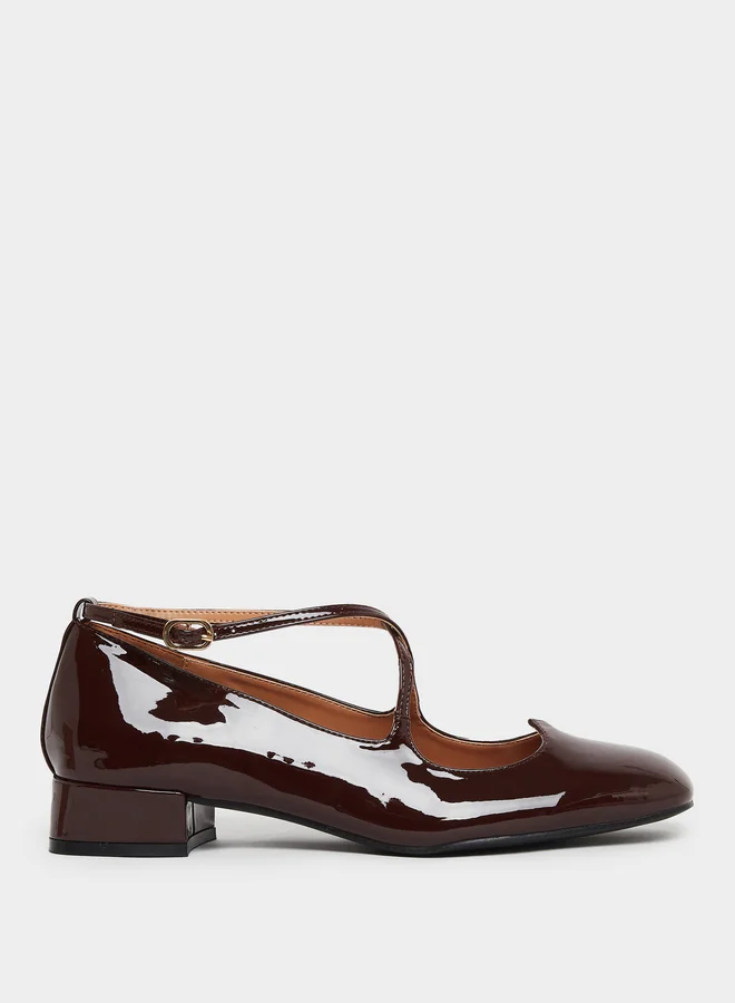 Styli Brown Patent Leather Block Heel Mary Jane Shoes