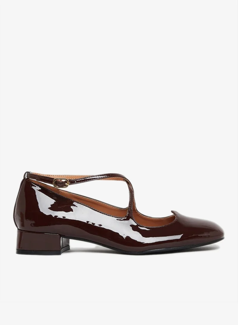 Styli Brown Patent Leather Block Heel Mary Jane Shoes