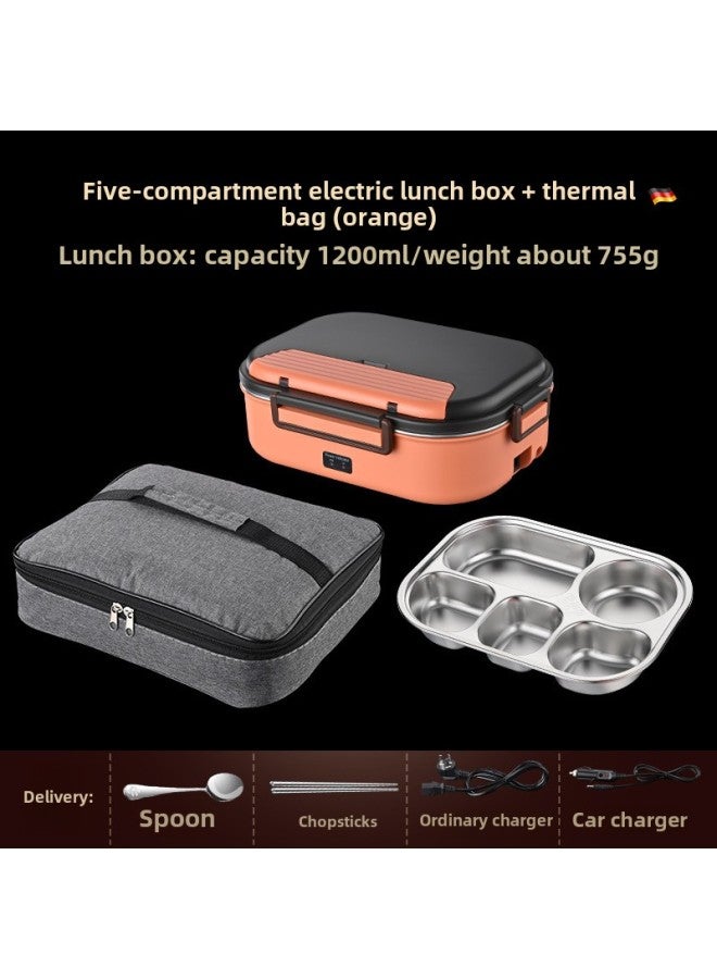 Electric Lunch Box Water Injection-free Heating Plug-in Electric Car Insulation Large Capacity Food Separated Hot Lunch Box-Specifications:(Orange) Electric Lunch Box Five Grids/insulation Bag * With Spoon  - Image 1