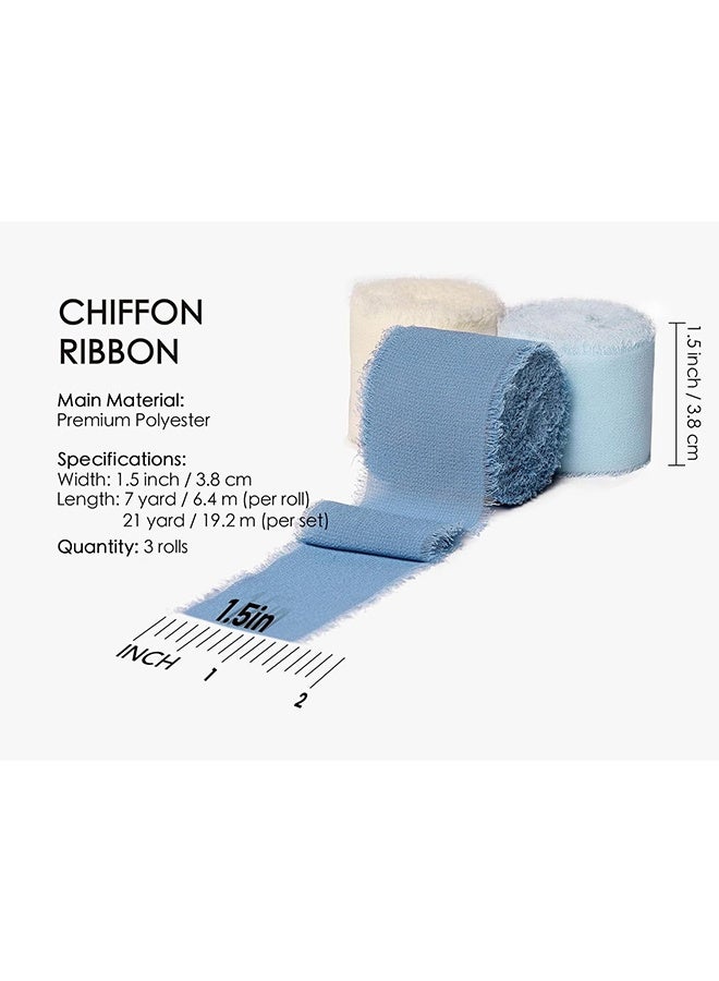 RESONIX 3 Rolls Handmade Chiffon Silk Ribbon Set – 1.5" x 21 Yards Frayed Edge Ribbon (Dusty Blue & Baby Blue) for Wedding Invitations, Bridal Bouquets, Gift Wrapping & DIY Crafts - Image 2