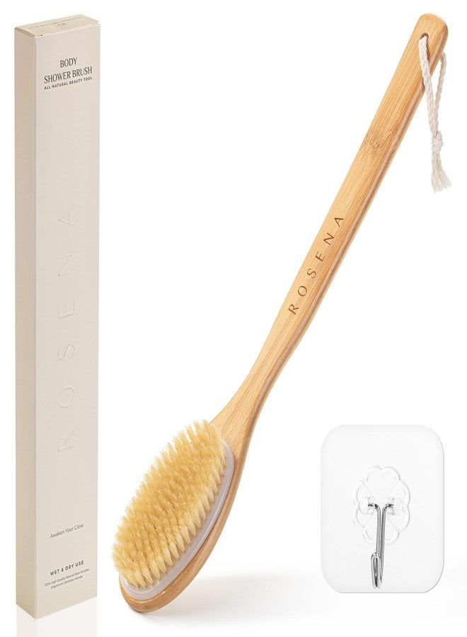 rosena Premium Shower Brush with Long Handle – One-Piece Solid Design – Soft Natural Bristles – for Wet and Dry Brushing – Natural Skin Exfoliation and Glow - Image 1