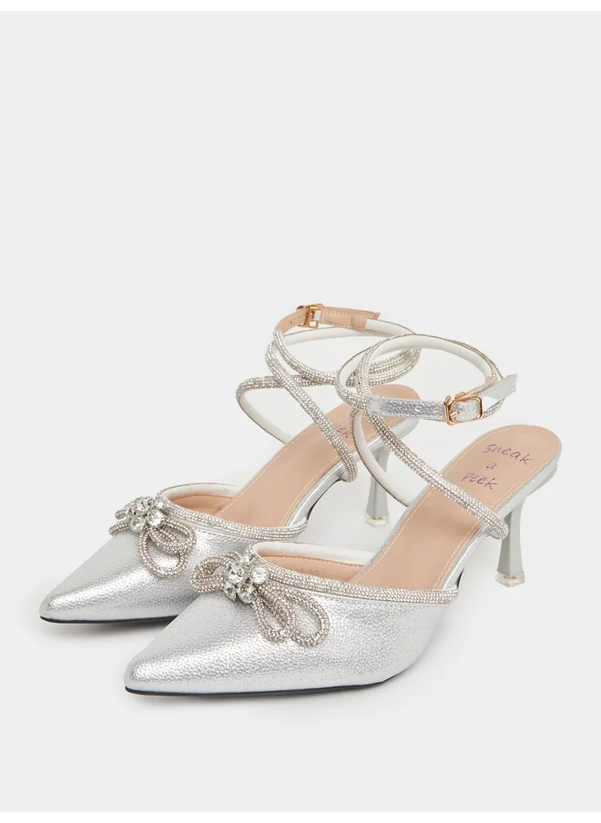 سنيك ايه بيك Sneak-a-Peek Rhinestone Embellished Pointed Toe Ankle Strap Shoes