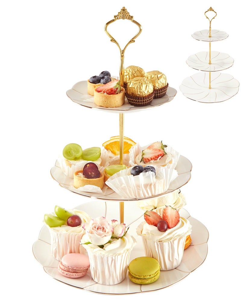 DUJUST Luxury Porcelain 3Tier Cupcake Stand Tower British Style Serving Tray with Golden Trim Food Grade Dessert Display Stand Beautiful Gift for Tea Party  Home Dcor