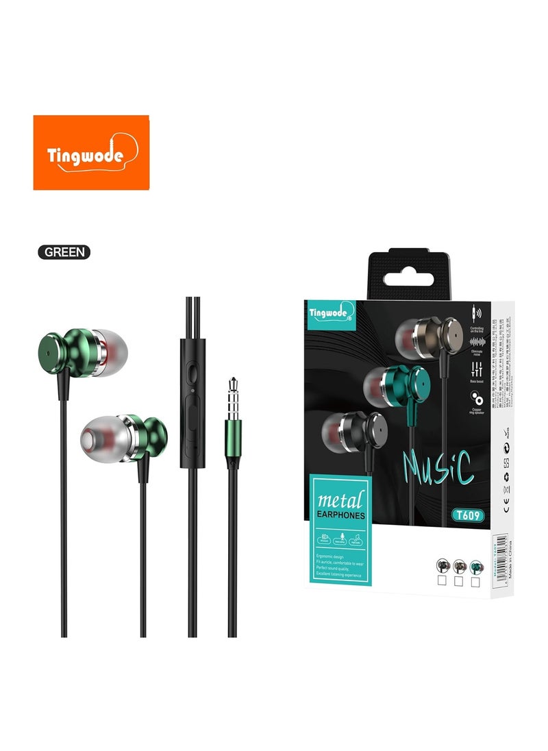 Tingwode - Tingwode T609 Metal Wired Music Earphone With HD Sound And Microphone For Mobile Phone 1.2 M - Black - Image 1