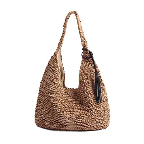 QTKJ Hand-woven Soft Large Straw Shoulder Bag with Black Tassels Boho Straw Handle Tote Retro Summer Beach Bag Rattan Handbag (Brown) - Image 1