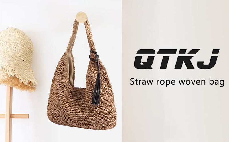 QTKJ Hand-woven Soft Large Straw Shoulder Bag with Black Tassels Boho Straw Handle Tote Retro Summer Beach Bag Rattan Handbag (Brown) - Image 4