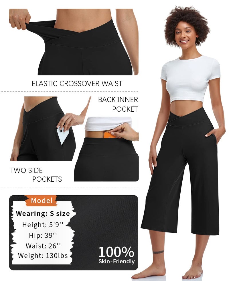 TARSE Womens Casual Wide Leg Yoga Capris Summer Crossover High Waist Capri Pants Loose Soft Pajama Pockets Sweatpants(Black,L) - Image 4
