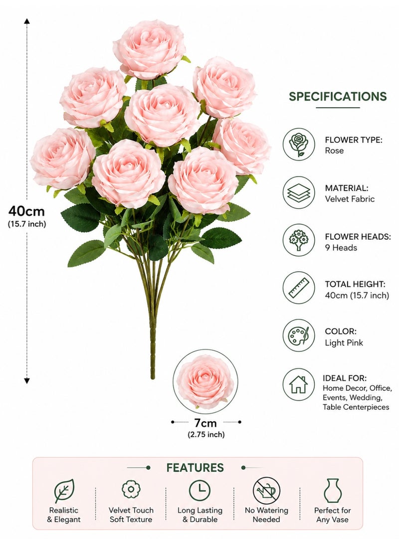 ديكور منزلي باقة ورد روز قطيفة صناعية 9 وردات وردي فاتح بطول 40 سم - Artificial Flowers للمنزل والمكتب وحفلات الزفاف - Image 2