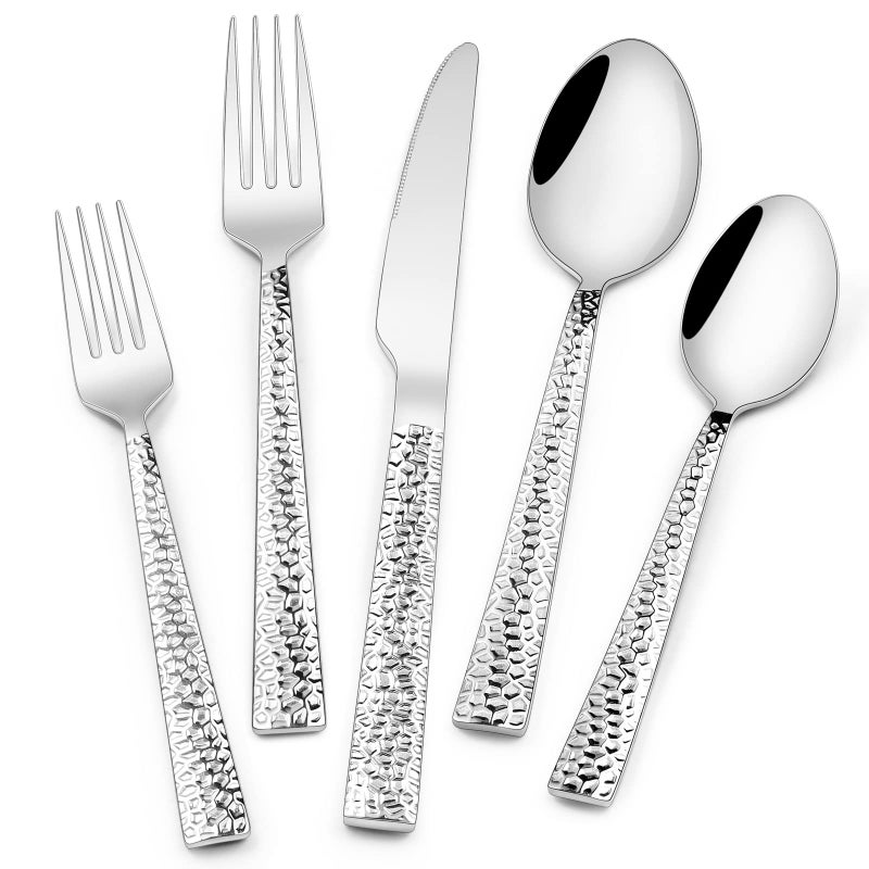 EWFEN Hammered Silverware Set, 40-Piece Stainless Steel Square Flatware Set for 8, Food-Grade Tableware Cutlery Set, Utensil Sets for Home Restaurant, Mirror Finish, Dishwasher Safe - Image 1