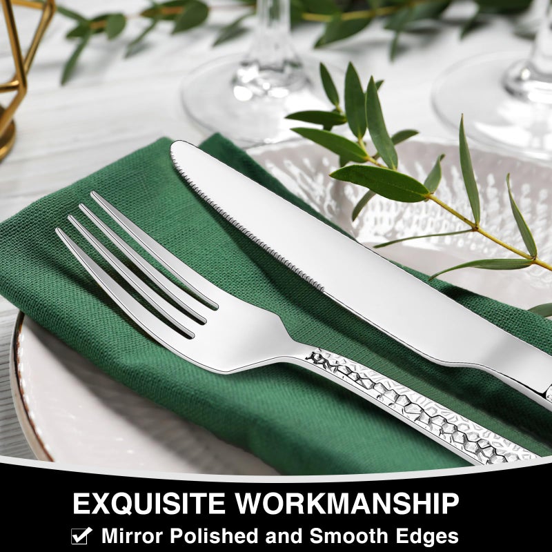 EWFEN Hammered Silverware Set, 40-Piece Stainless Steel Square Flatware Set for 8, Food-Grade Tableware Cutlery Set, Utensil Sets for Home Restaurant, Mirror Finish, Dishwasher Safe - Image 4