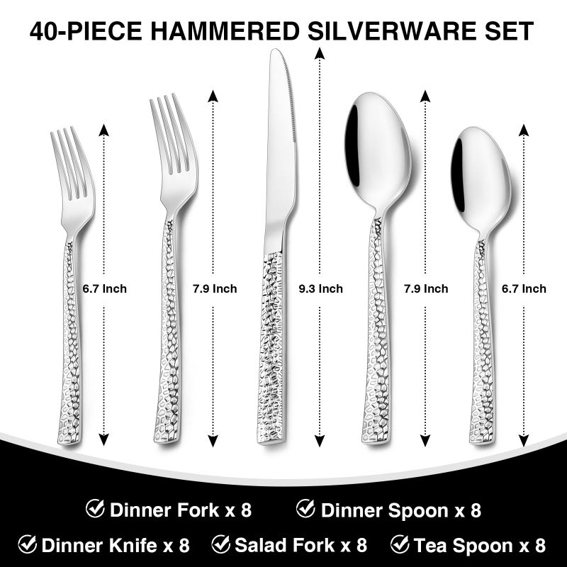 EWFEN Hammered Silverware Set, 40-Piece Stainless Steel Square Flatware Set for 8, Food-Grade Tableware Cutlery Set, Utensil Sets for Home Restaurant, Mirror Finish, Dishwasher Safe - Image 2