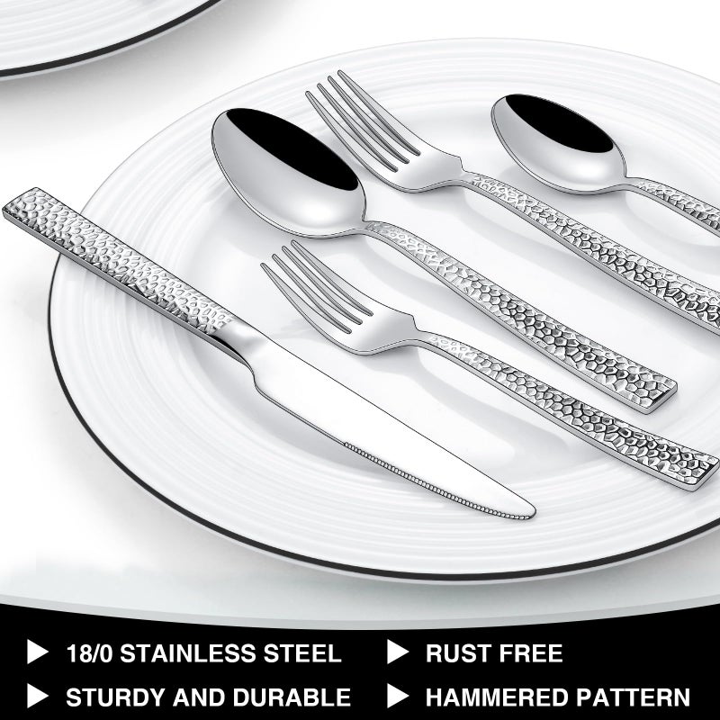 EWFEN Hammered Silverware Set, 40-Piece Stainless Steel Square Flatware Set for 8, Food-Grade Tableware Cutlery Set, Utensil Sets for Home Restaurant, Mirror Finish, Dishwasher Safe - Image 5