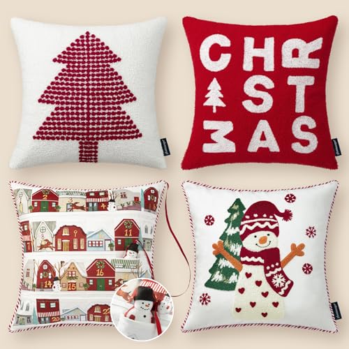 Phantoscope Pack of 4 Merry Christmas Throw Pillow Covers Velvet Countdown Calendar Pillow Covers with 3D Snowman Sherpa Embroidery Snowman Santa Tree Christmas Decorative Pillowcases Red 18x18 inch - Image 1