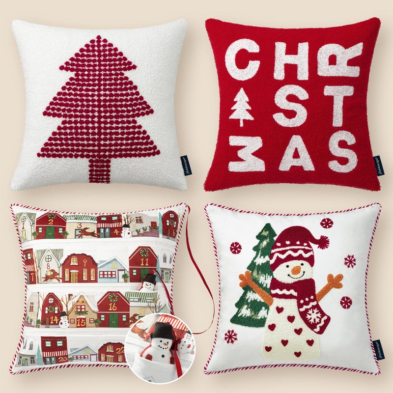 Phantoscope Pack of 4 Merry Christmas Throw Pillow Covers Velvet Countdown Calendar Pillow Covers with 3D Snowman Sherpa Embroidery Snowman Santa Tree Christmas Decorative Pillowcases Red 18x18 inch - Image 2
