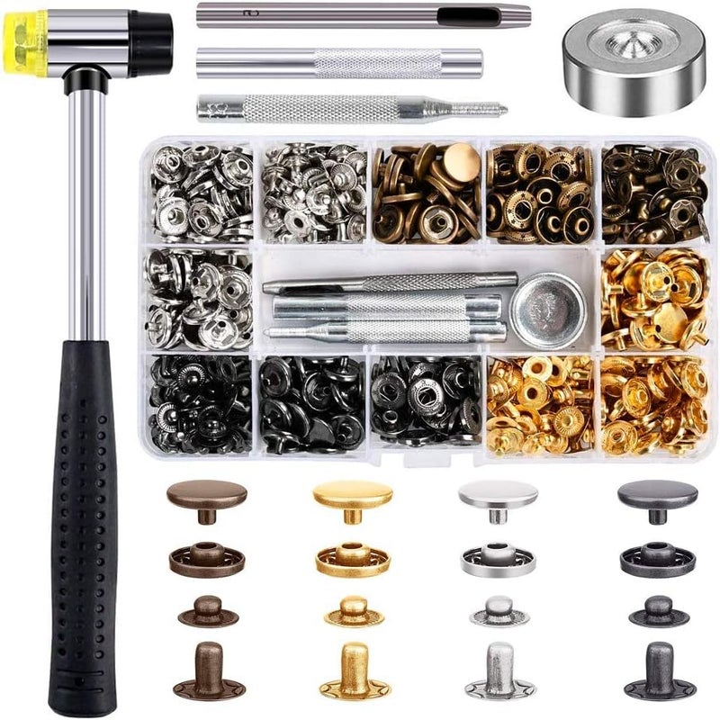 Qfun 120 Set Snap Fasteners Kit for Leather 12mm Metal Button Snaps Press Studs with 4 Setter Tools, 1 Hammer, 4 Color Leather Snaps for Clothes, Jackets, Jeans Wears, Bracelets, Bags - Image 1