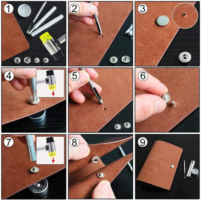 Qfun 120 Set Snap Fasteners Kit for Leather 12mm Metal Button Snaps Press Studs with 4 Setter Tools, 1 Hammer, 4 Color Leather Snaps for Clothes, Jackets, Jeans Wears, Bracelets, Bags - Image 2