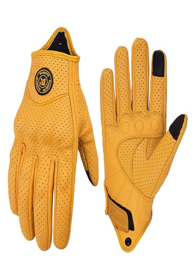 Mjmoto Yellow Classic Goat Leather Motorcycle Gloves with Hole for Summer Cycling & Bicycle Riding - Protective Gloves (Yellow-Hole, X-Large) - Image 1