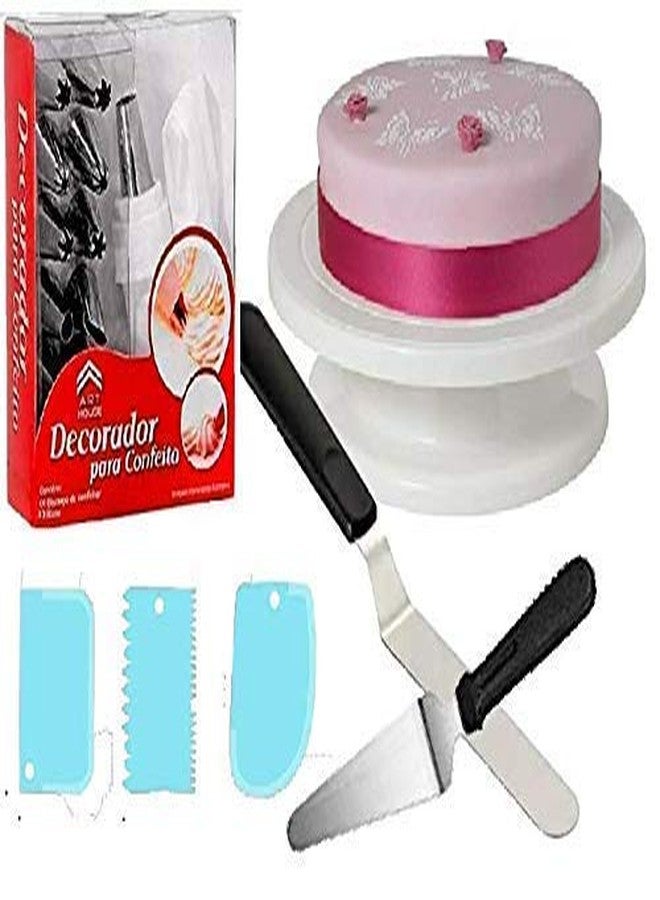 TI AMO Cake Combo of Cake Making Turn Table 7 inch Stainless Steel Spatula, 12 Piece of Cake Decoration nozzles with Icing Bag and 3 Pieces of Dough Scrapper - Image 1