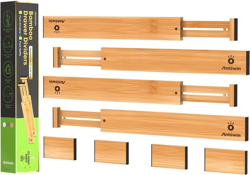 ANTOWIN Bamboo Drawer Dividers Organizers, Drawer Separators Splitter,17-22 inches Long Adjustable Spring-loaded Organizer for Large Utensil, Clothes, Tools Drawers(yellow) - Image 1