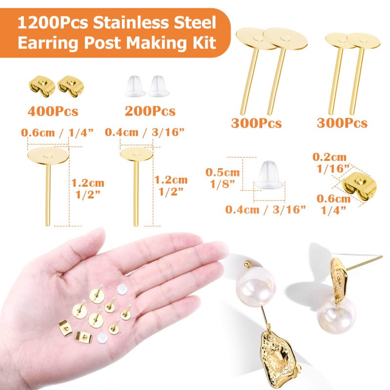Flasoo Earring Posts Stainless Steel, Flasoo 1200Pcs Hypoallergenic Earrings Posts and Backs, Gold Flat Pad Ear Ring Studs with Clutch for Earring Making and DIY Stud Earring Supplies - Image 5