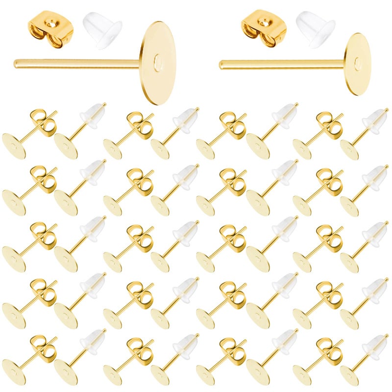 Flasoo Earring Posts Stainless Steel, Flasoo 1200Pcs Hypoallergenic Earrings Posts and Backs, Gold Flat Pad Ear Ring Studs with Clutch for Earring Making and DIY Stud Earring Supplies - Image 1