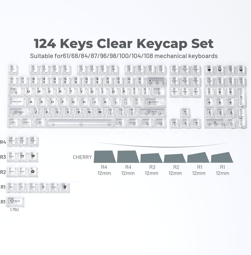HITIME XVX Clear Keycaps, White Transparent, Crystal Ceramic, Cherry Profile for Mechanical Keyboards (124 Keys) - Image 3