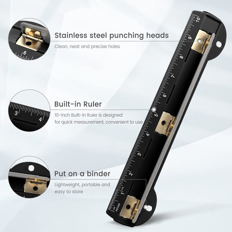 Eagle 3 Hole Punch, Portable Ring Binder 3 Hole Punch, Paper Puncher with Integrated Ruler, 5 Sheets Capacity, for Ring Binders, Office and School Supplies (Black) - Image 2