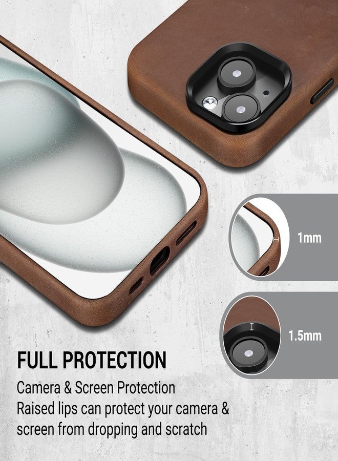 Belemay Leather Case Compatible with iPhone 14 Retro Brown | Magsafe, Top Grain Vintage Crazy Horse Leather, Metal Buttons, Camera Bezel Bump, Slim Fit, Soft Feel, Premium Phone Cover, 6.1-inch - Image 4
