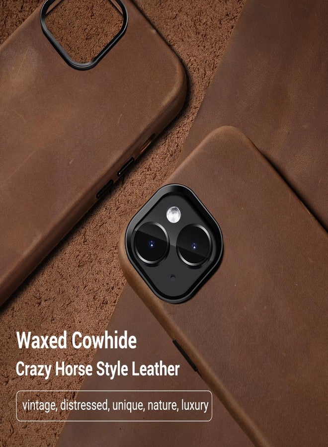 Belemay Leather Case Compatible with iPhone 14 Retro Brown | Magsafe, Top Grain Vintage Crazy Horse Leather, Metal Buttons, Camera Bezel Bump, Slim Fit, Soft Feel, Premium Phone Cover, 6.1-inch - Image 2