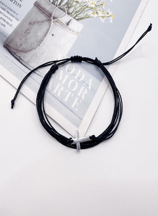 SCRDPRAD Handmade Cross Sideways Braided Colorful String Adjustable Rope Bangle Friendship Couple Bracelet Faith Hope Blessed Christmas Religious Lucky Jewelry for Women Men-black - Image 2